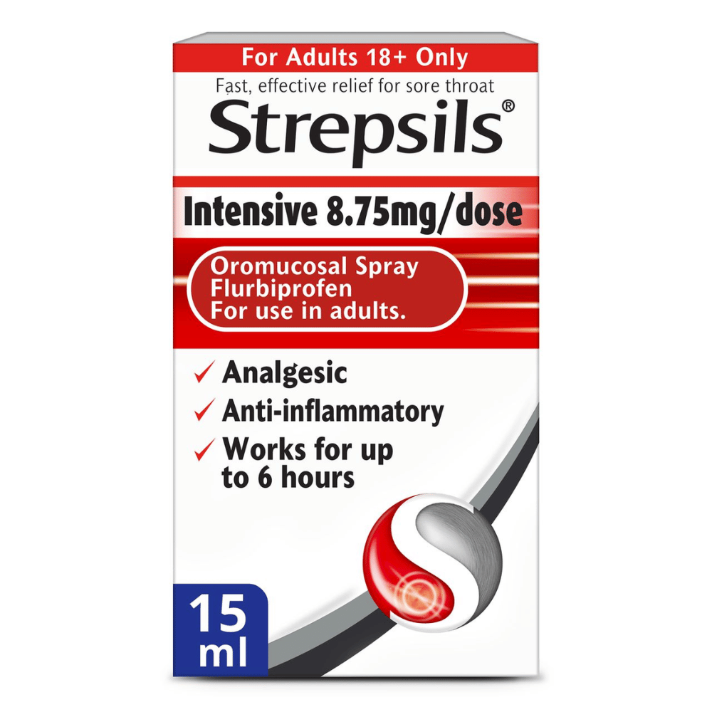 Strepsils Intensive 8.7mg/dose Oromucosal Spray Flurbiprofen 15ml- Lillys Pharmacy and Health Store