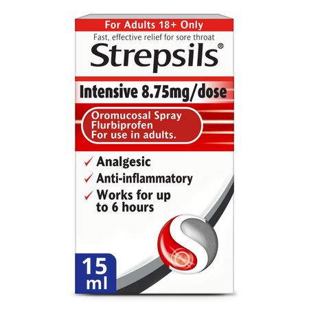 Strepsils Intensive 8.7mg/dose Oromucosal Spray Flurbiprofen 15ml- Lillys Pharmacy and Health Store