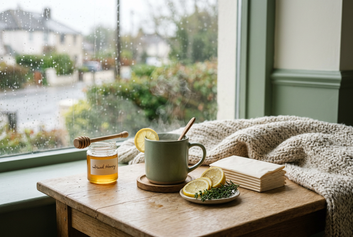 Warm lemon and honey drink, tissues and a knitted blanket beside a rainy window.