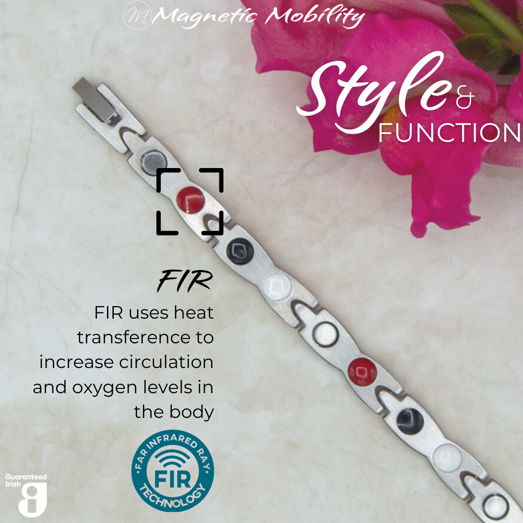 Snapdragon Moon 4in1 magnetic bracelet from Magnetic Mobility, showcasing FIR technology which uses heat transference to increase circulation and oxygen levels in the body. Enhances overall wellness and pain relief.