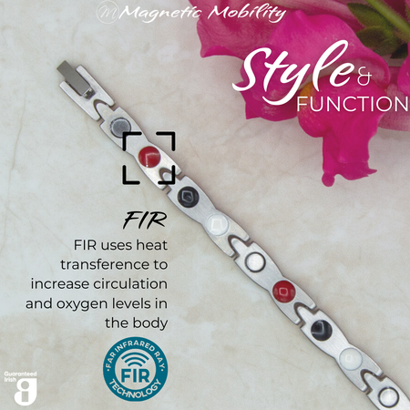 Snapdragon Moon 4in1 magnetic bracelet from Magnetic Mobility, showcasing FIR technology which uses heat transference to increase circulation and oxygen levels in the body. Enhances overall wellness and pain relief.