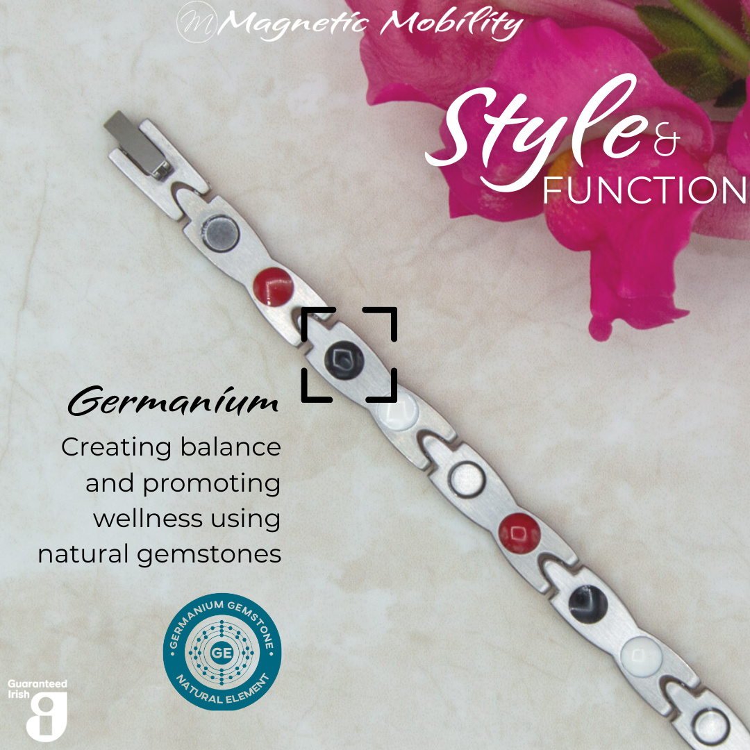Snapdragon Moon 4in1 magnetic bracelet by Magnetic Mobility, featuring germanium elements that promote balance and wellness using natural gemstones. Ideal for enhancing health and relieving various ailments.