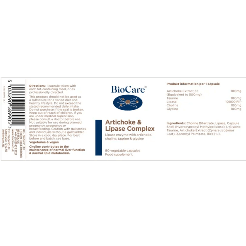 BioCare Artichoke Lipase Complex 90 Caps / Formerly Lipozyme®- Lillys Pharmacy and Health Store