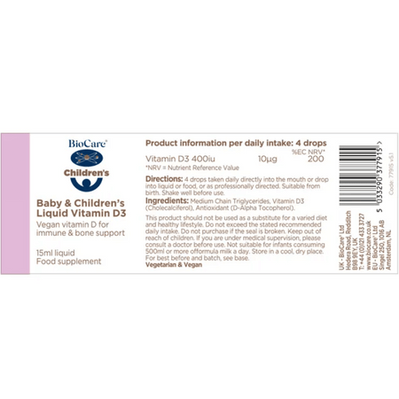 BioCare Baby & Children's Liquid Vitamin D3 15ml- Lillys Pharmacy and Health Store
