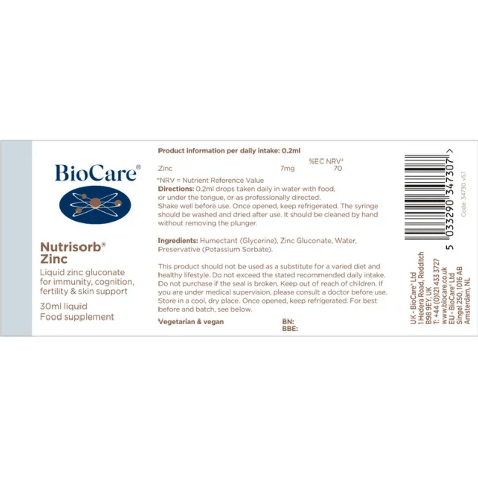 BioCare NutrisorbÂ® Zinc 30ml- Lilys Pharmacy and Health Store