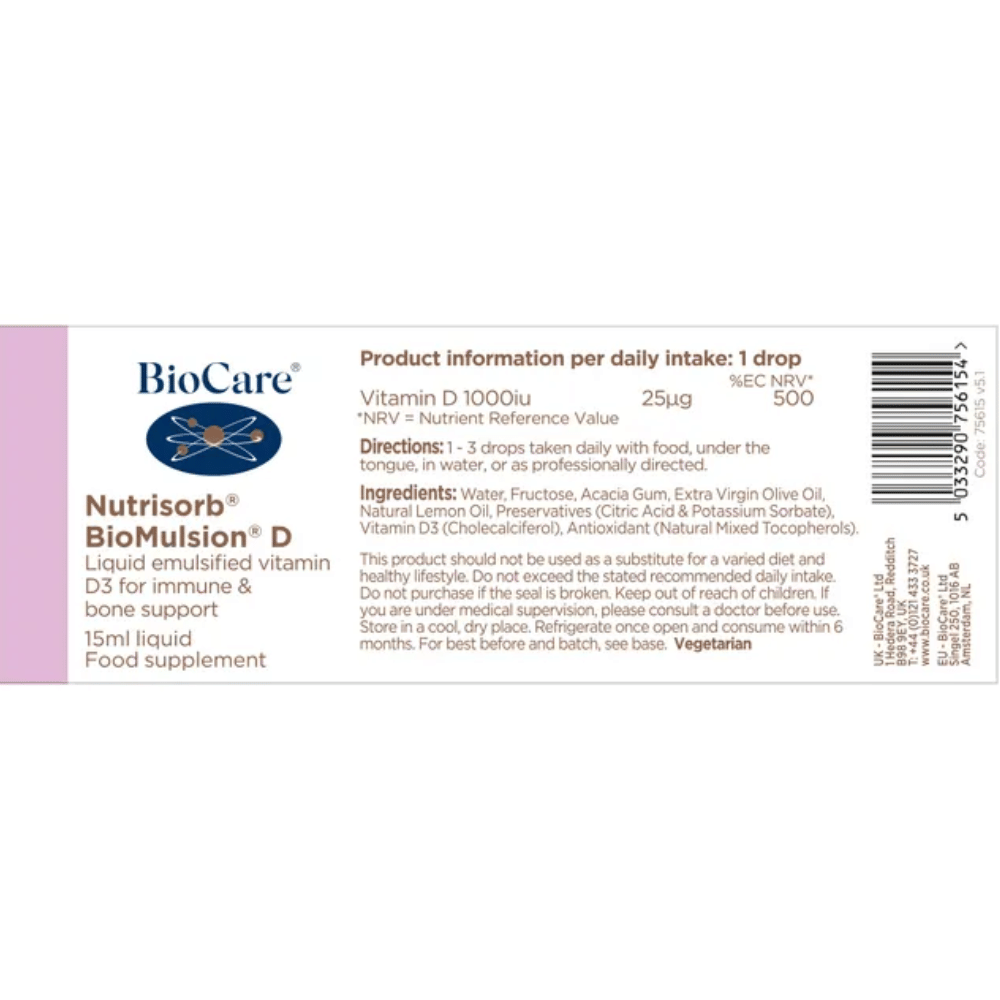 Biocare NutrisorbÂ® BiomulsionÂ® D 1000iu 15ml- Lilys Pharmacy and Health Store