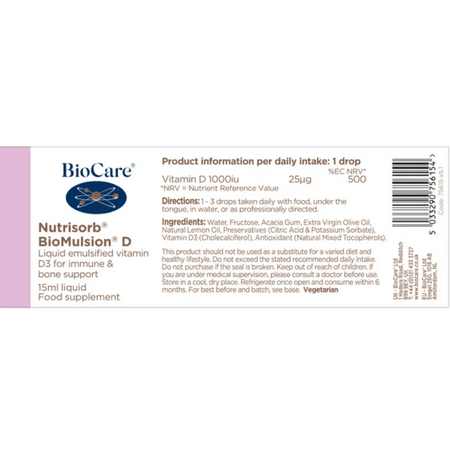 Biocare NutrisorbÂ® BiomulsionÂ® D 1000iu 15ml- Lilys Pharmacy and Health Store