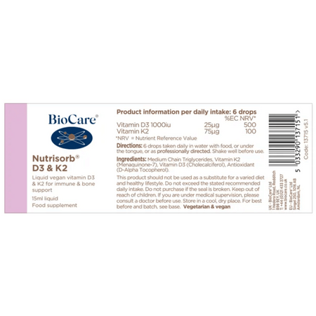 BioCare NutrisorbÂ® D3 & K2 15ml- Lilys Pharmacy and Health Store