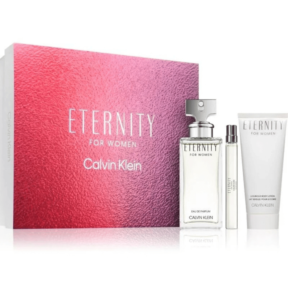 Calvin Klein CK Eternity 100ml 3 Piece Gift Set - 100ml Eau de Parfum Spray, 100ml Body Lotion, 10ml Eau de Parfum Spray- Lillys Pharmacy and Health Store