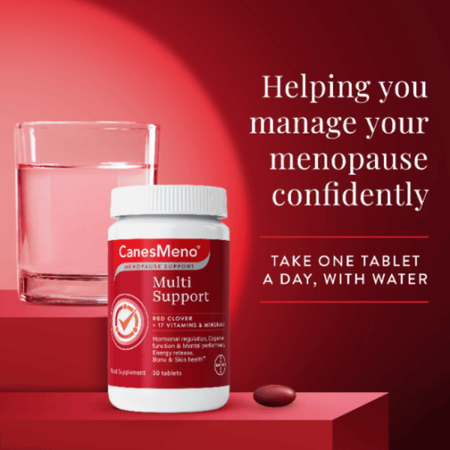 CanesMeno Multi Support supplement bottle with a glass of water on a red background