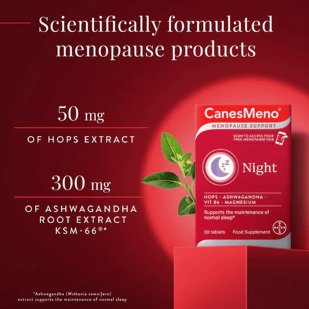 CanesMeno Night menopause support product packaging with hop and ashwagandha root extract information on a red background.