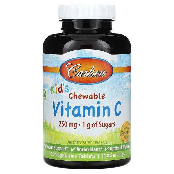 Carlson Labs Kid's Chewable Vitamin C, 250mg Natural Tangerine 120 vegetarian tablets- Lillys Pharmacy and Health Store
