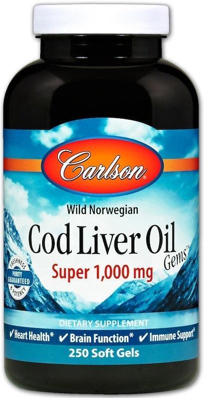 Carlson Labs Wild Norwegian Cod Liver Oil Gems, 1000mg 250 softgels- Lillys Pharmacy and Health Store