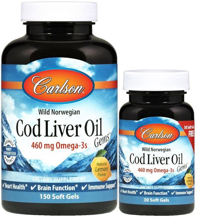 Carlson Labs Wild Norwegian Cod Liver Oil Gems, 460mg 150 + 30 softgels- Lillys Pharmacy and Health Store
