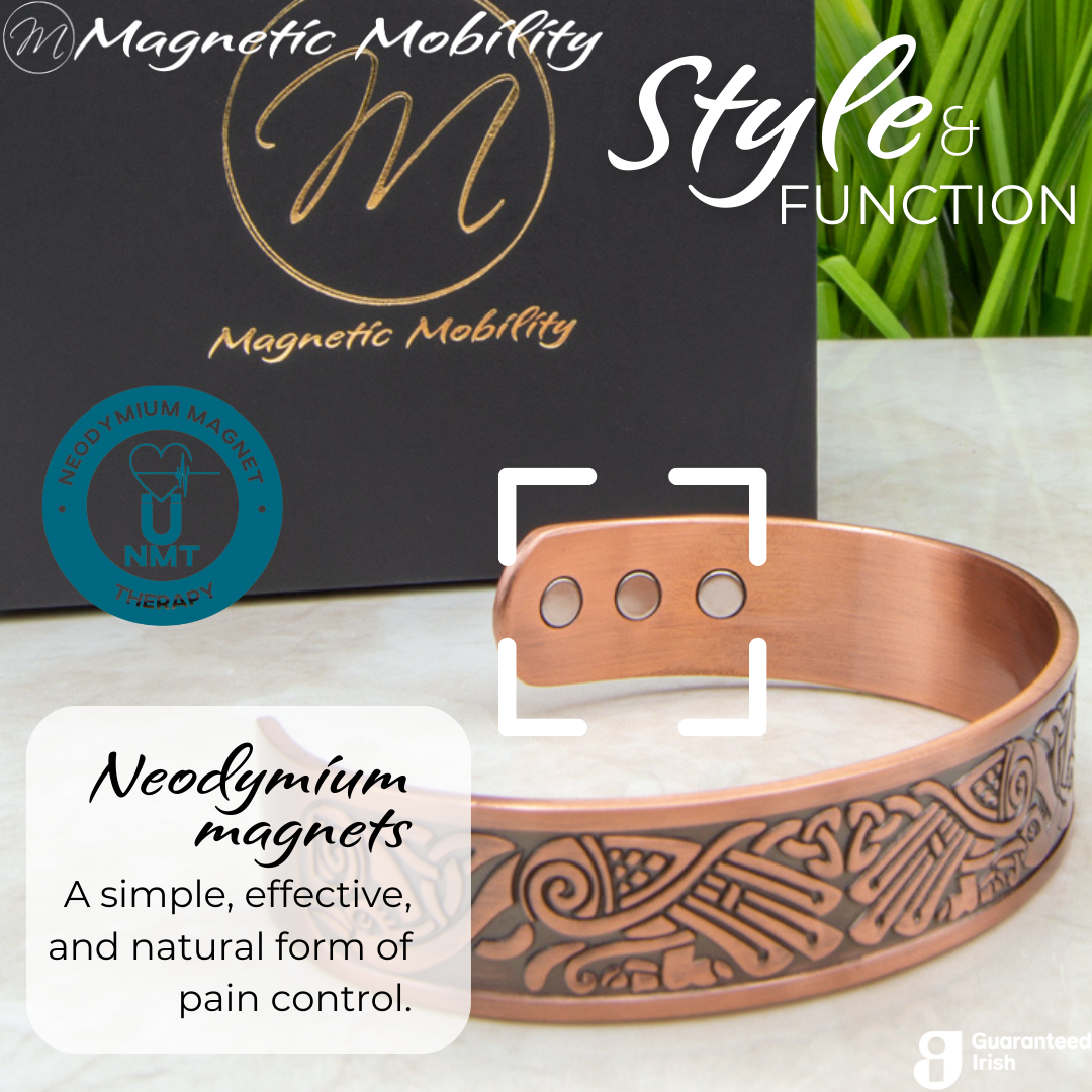 Close up view of the Kells Copper bracelet from Magnetic Mobility.Featuring 6 strong neodymium magnets. Perfect for people with arthritis and back pain. 99% pure copper