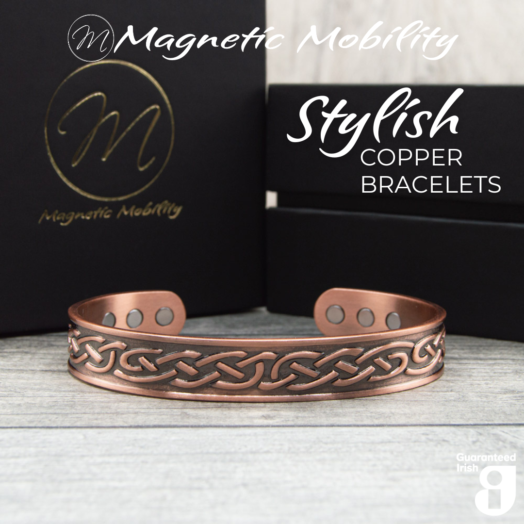 Front view of the Trefoil Copper bracelet from Magnetic Mobility. A copper bracelet with a Celtic design. Featuring 6 strong neodymium magnets. Perfect for people with arthritis and back pain. 99% pure copper. the image shows the bracelet in front of a black gift box