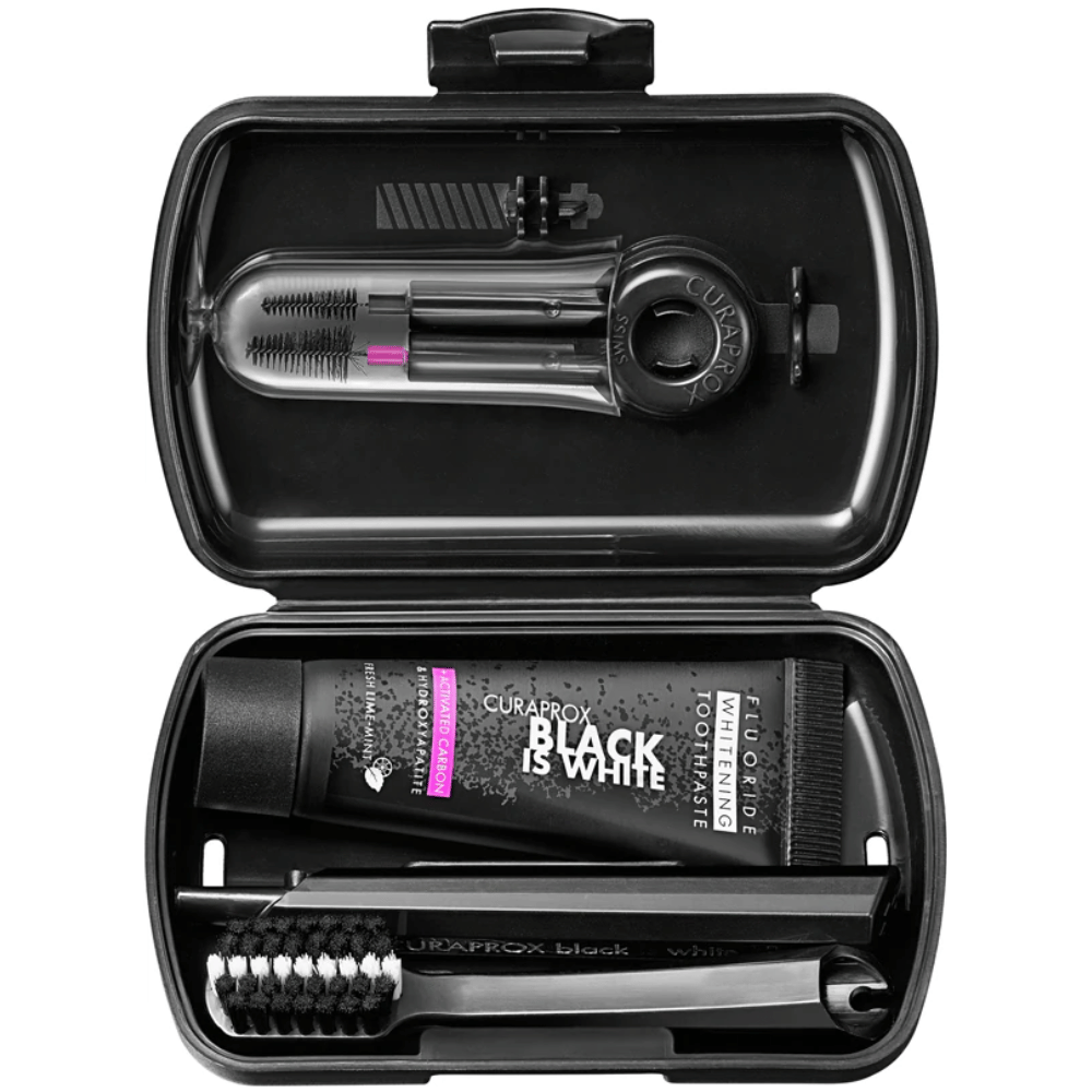 Curaprox Be You Black Is White Travel KitCarbon Interdental Brush, 10ml Black Is White Toothpaste, Black Is White Travel Pouch- Lillys Pharmacy and Health Store