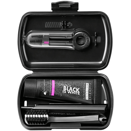 Curaprox Be You Black Is White Travel KitCarbon Interdental Brush, 10ml Black Is White Toothpaste, Black Is White Travel Pouch- Lillys Pharmacy and Health Store