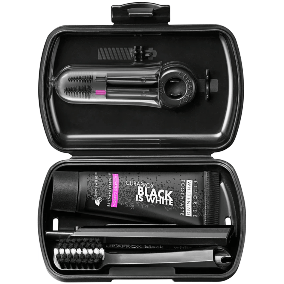 Curaprox Be You Black Is White Travel KitCarbon Interdental Brush, 10ml Black Is White Toothpaste, Black Is White Travel Pouch- Lillys Pharmacy and Health Store