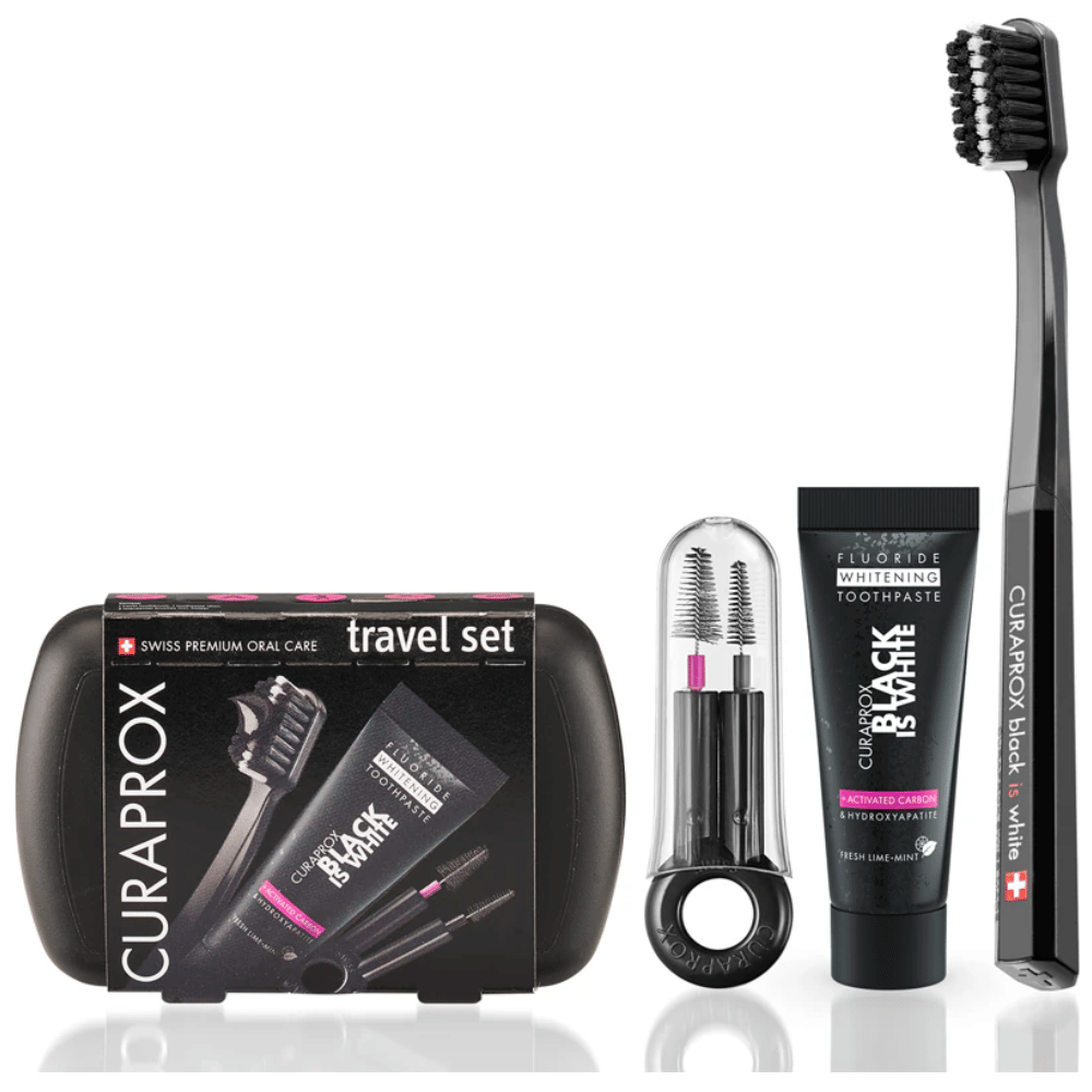 Curaprox Be You Black Is White Travel KitCarbon Interdental Brush, 10ml Black Is White Toothpaste, Black Is White Travel Pouch- Lillys Pharmacy and Health Store