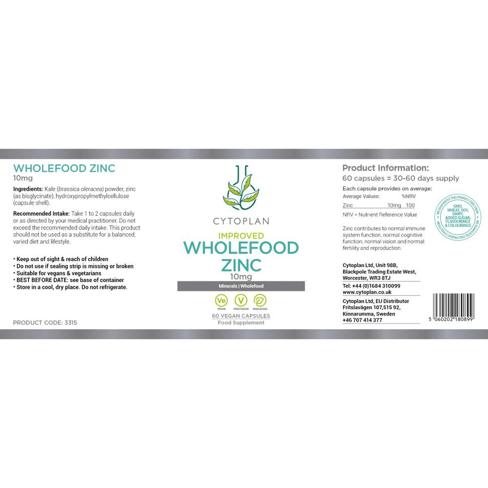 Cytoplan Zinc: Wholefood 10mg Elemental 60 Caps- Lillys Pharmacy and Health Store