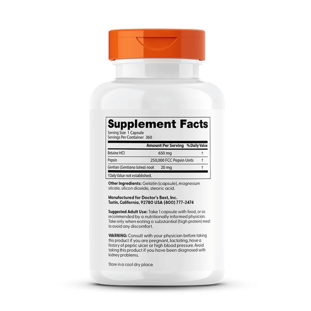 Doctor's Best Betaine HCl Pepsin & Gentian Bitters - 360 caps- Lillys Pharmacy and Health Store