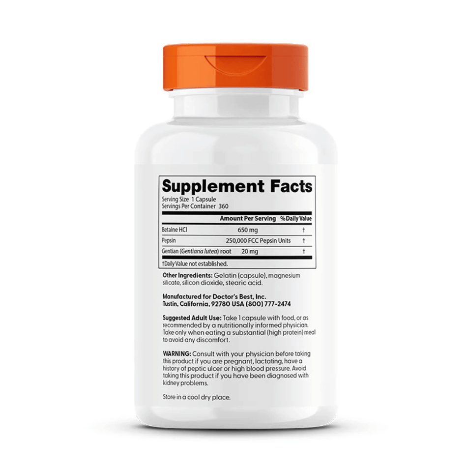 Doctor's Best Betaine HCl Pepsin & Gentian Bitters - 360 caps- Lillys Pharmacy and Health Store