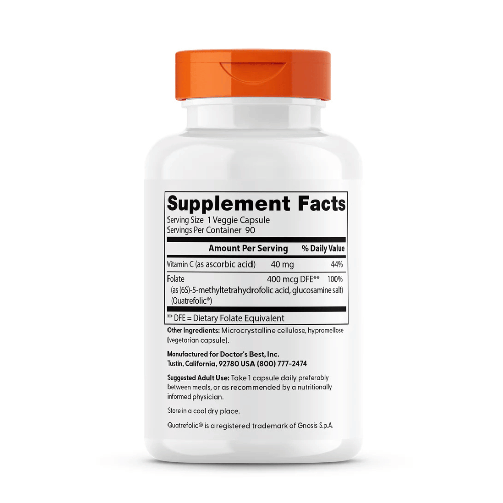 Doctor's Best Fully Active Folate 400 with Quatrefolic, 400mcg - 90 vcaps- Lillys Pharmacy and Health Store