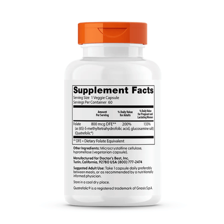 Doctor's Best Fully Active Folate 800 with Quatrefolic, 800mcg - 60 vcaps- Lillys Pharmacy and Health Store