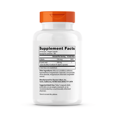 Doctor's Best Stabilized R-Lipoic Acid with Na-RALA, 100mg - 180 vcaps- Lillys Pharmacy and Health Store