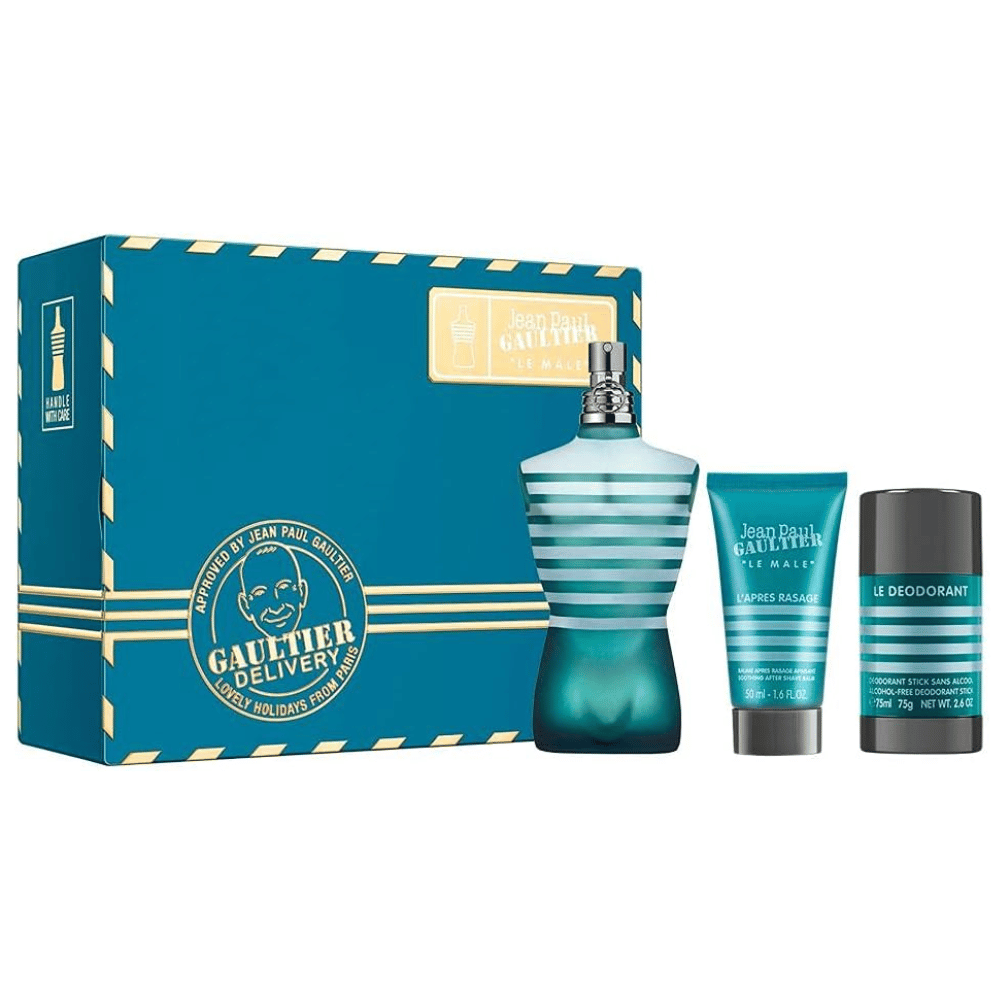 Jean Paul Gaultier JPG Le Male 125ml 3 Piece Gift Set - 125ml Eau de Toilette Spray, 50ml Aftershave Balm, 75g Deodorant Stick- Lillys Pharmacy and Health Store