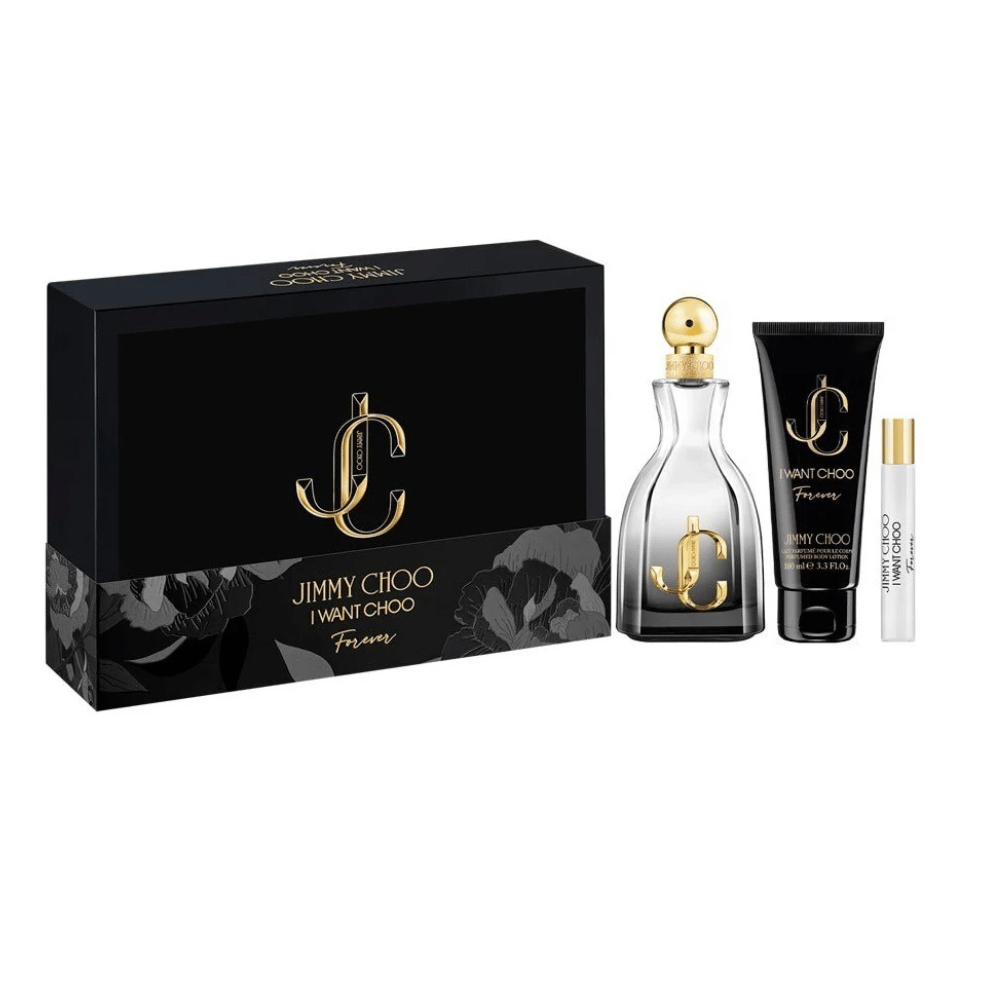 Jimmy Choo I Want Choo Forever 100ml 3 Piece Gift Set - 100ml Eau de Parfum Spray, 7.5ml Eau de Parfum Spray, 100ml Body Lotion- Lillys Pharmacy and Health Store