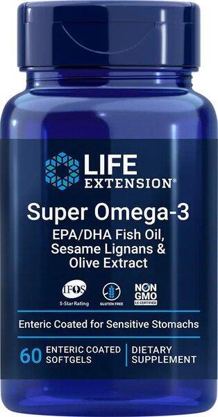 Life Extension Super Omega3 EPA/DHA with Sesame Lignans & Olive Extract 60 enteric coated softgels- Lillys Pharmacy and Health Store