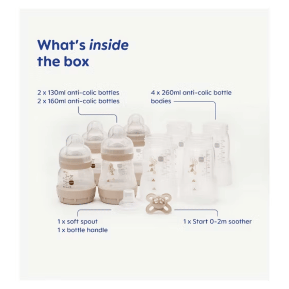 MAM Easy Start Bottle Set 0+Months 4 x 260ml Body Bottles, 2 x 130ml Bottles With Slow Flow Teats Size 0, 2 x 160ml Bottles With Slow Flow Teats Size 1, 0-2 Months Start Soother, Soft Bottle Spout, Hold My Bottle Handle- Lillys Pharmacy and Health Store
