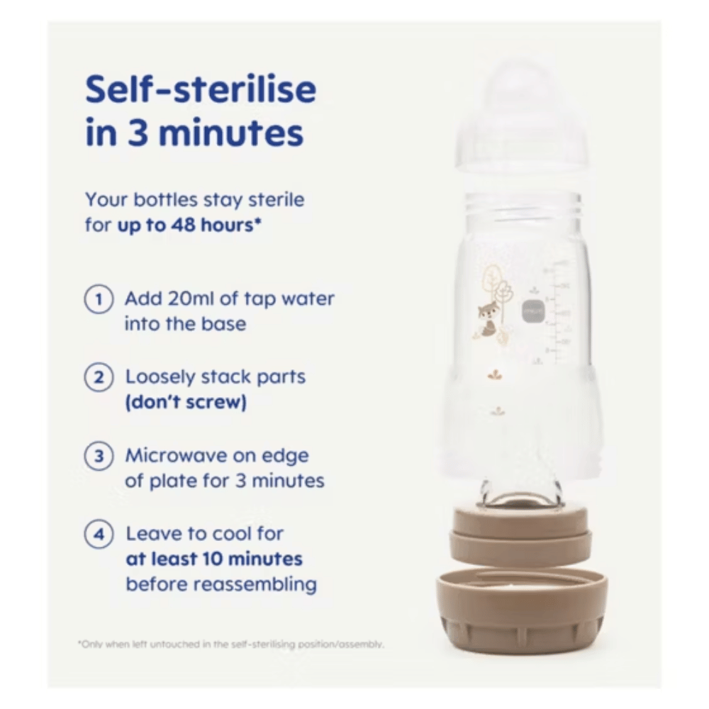 MAM Easy Start Bottle Set 0+Months 4 x 260ml Body Bottles, 2 x 130ml Bottles With Slow Flow Teats Size 0, 2 x 160ml Bottles With Slow Flow Teats Size 1, 0-2 Months Start Soother, Soft Bottle Spout, Hold My Bottle Handle- Lillys Pharmacy and Health Store