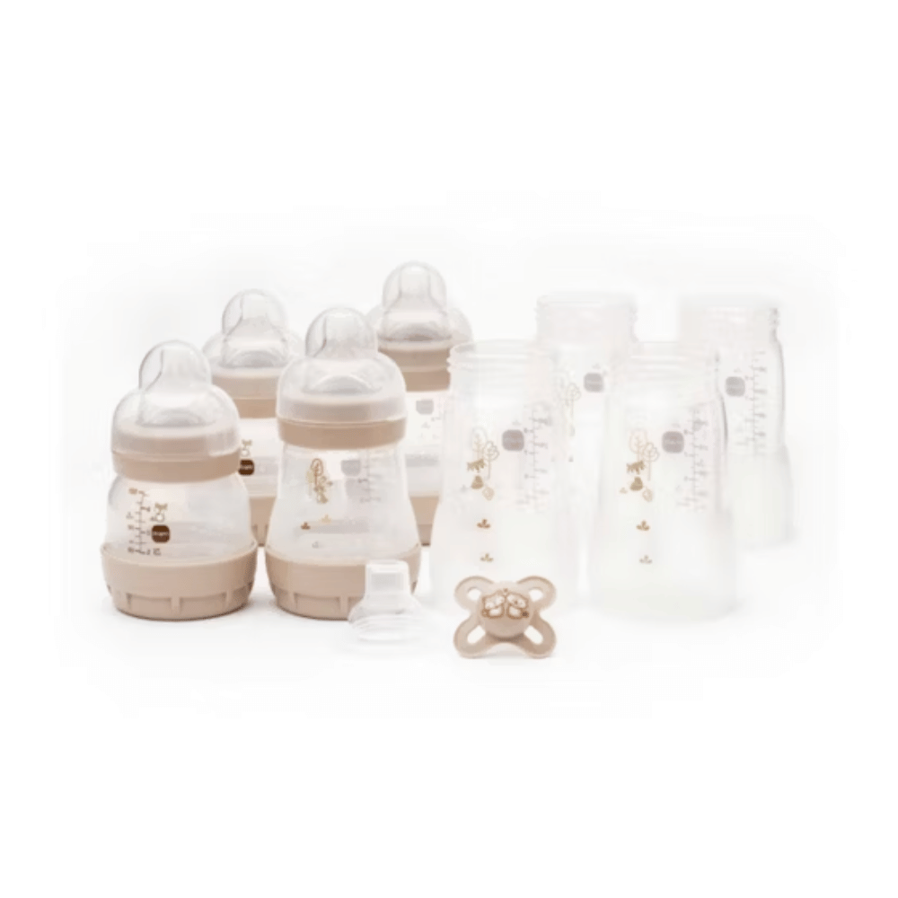 MAM Easy Start Bottle Set 0+Months 4 x 260ml Body Bottles, 2 x 130ml Bottles With Slow Flow Teats Size 0, 2 x 160ml Bottles With Slow Flow Teats Size 1, 0-2 Months Start Soother, Soft Bottle Spout, Hold My Bottle Handle- Lillys Pharmacy and Health Store