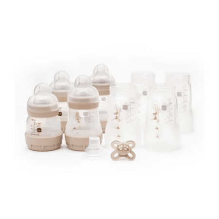 MAM Easy Start Bottle Set 0+Months 4 x 260ml Body Bottles, 2 x 130ml Bottles With Slow Flow Teats Size 0, 2 x 160ml Bottles With Slow Flow Teats Size 1, 0-2 Months Start Soother, Soft Bottle Spout, Hold My Bottle Handle- Lillys Pharmacy and Health Store