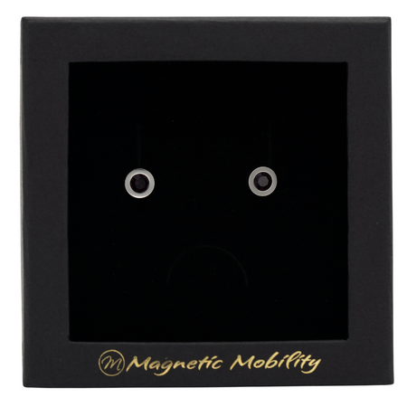 Magnetic Mobility February Birthstone Stud Earrings featuring amethyst Swarovski crystals, elegantly presented in a black box with Magnetic Mobility branding. These magnetic back earrings offer stylish pain relief.