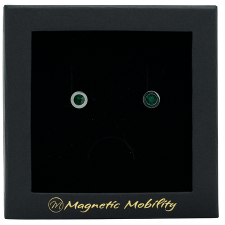 Magnetic Mobility May Birthstone Stud Earrings featuring emerald green Swarovski crystals, elegantly presented in a black box with Magnetic Mobility branding. These magnetic back earrings offer stylish pain relief.