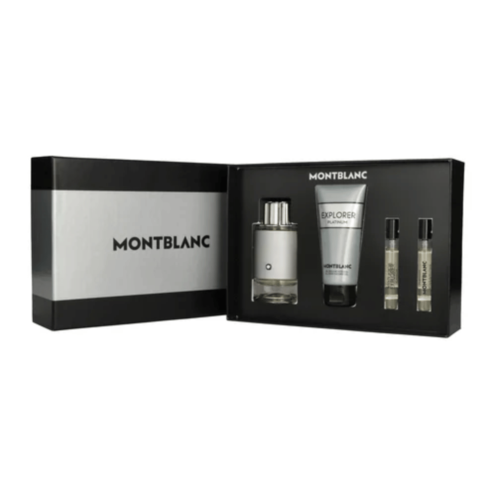 Mont Blanc Explorer Platinum 100ml 4 Piece Gift Set - 100ml Eau de Parfum Spray, 2 x 7.5ml Eau de Parfum Spray, 100ml Shower Gel- Lillys Pharmacy and Health Store