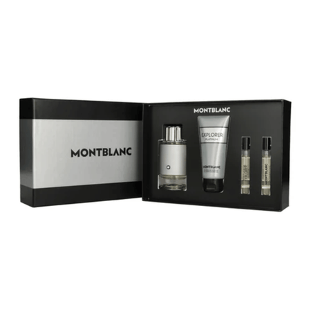 Mont Blanc Explorer Platinum 100ml 4 Piece Gift Set - 100ml Eau de Parfum Spray, 2 x 7.5ml Eau de Parfum Spray, 100ml Shower Gel- Lillys Pharmacy and Health Store
