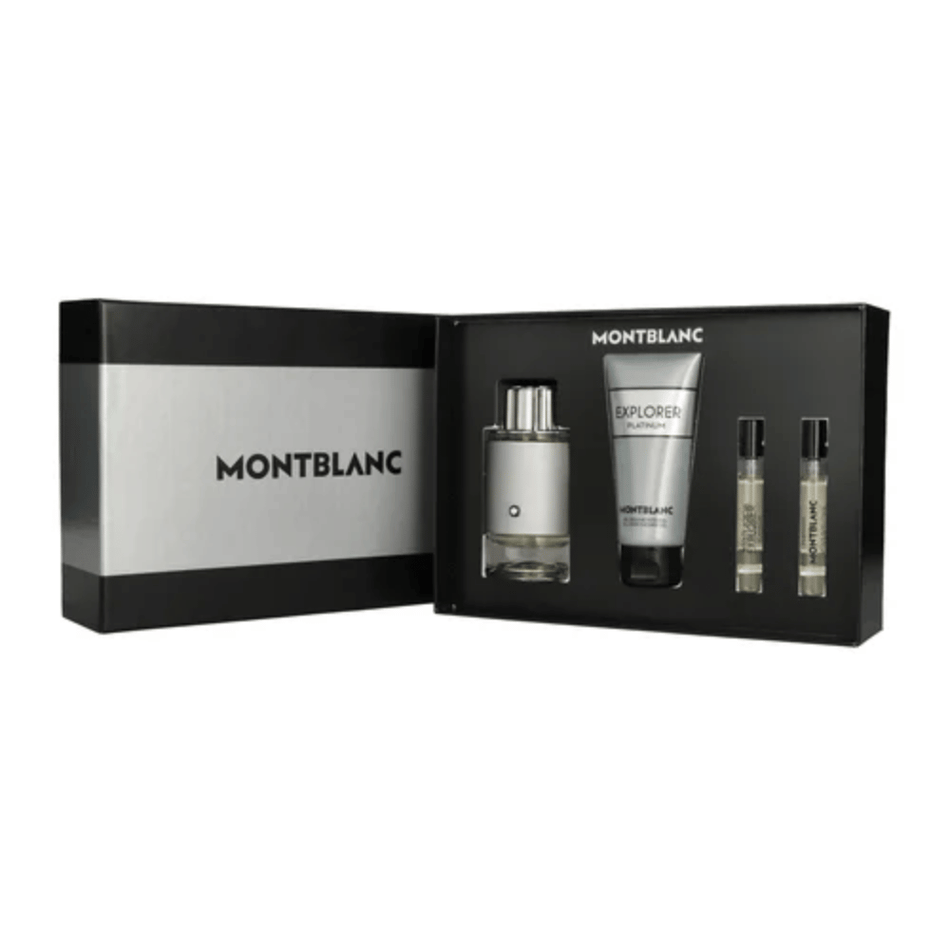 Mont Blanc Explorer Platinum 100ml 4 Piece Gift Set - 100ml Eau de Parfum Spray, 2 x 7.5ml Eau de Parfum Spray, 100ml Shower Gel- Lillys Pharmacy and Health Store
