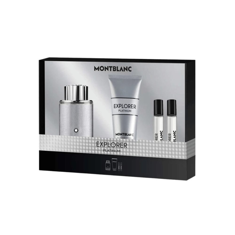 Mont Blanc Explorer Platinum 100ml 4 Piece Gift Set - 100ml Eau de Parfum Spray, 2 x 7.5ml Eau de Parfum Spray, 100ml Shower Gel- Lillys Pharmacy and Health Store
