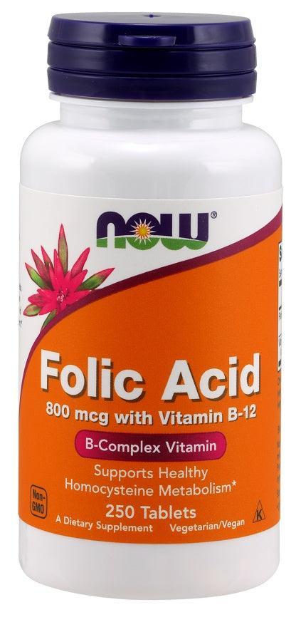 NOW Foods Folic Acid with Vitamin B12, 800mcg - 250 tabs- Lillys Pharmacy and Health Store