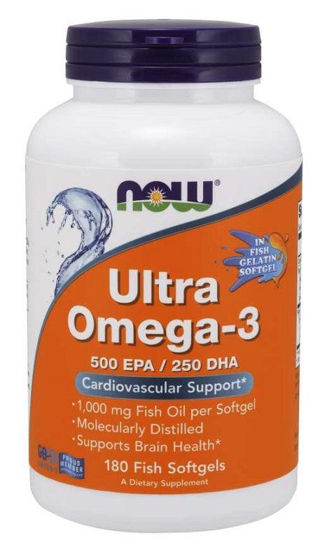 NOW Foods Ultra Omega-3 (In Fish Gelatin Softgels) - 180 fish softgels- Lillys Pharmacy and Health Store