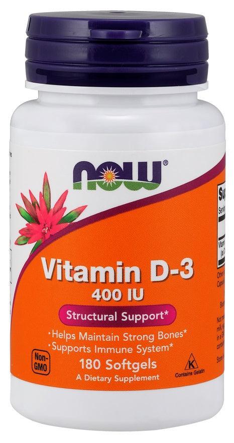 NOW Foods Vitamin D-3, 400 IU - 180 softgels- Lillys Pharmacy and Health Store