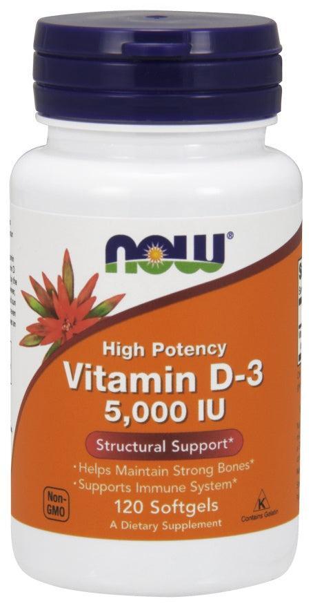 NOW Foods Vitamin D-3, 5000 IU - 120 softgels- Lillys Pharmacy and Health Store