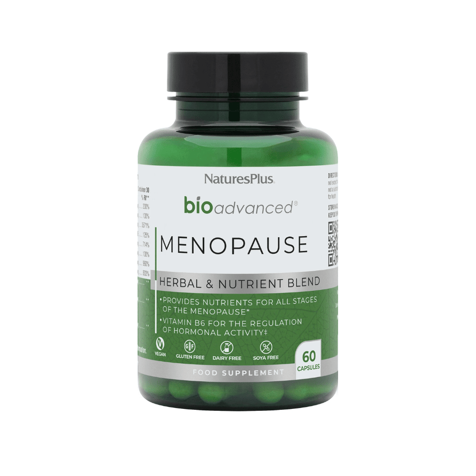 Bottle of NaturesPlus bioadvanced Menopause supplement on a white background