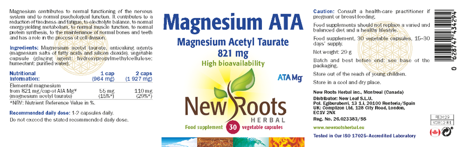 New Roots Magnesium ATA – Acetyl Taurate 30's- Lillys Pharmacy and Health Store