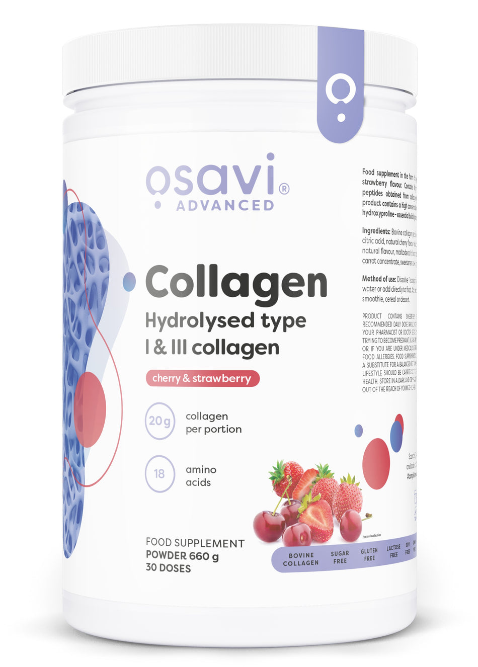 Osavi Collagen Hydrolysed Type I & III, Cherry & Strawberry 660g- Lillys Pharmacy and Health Store